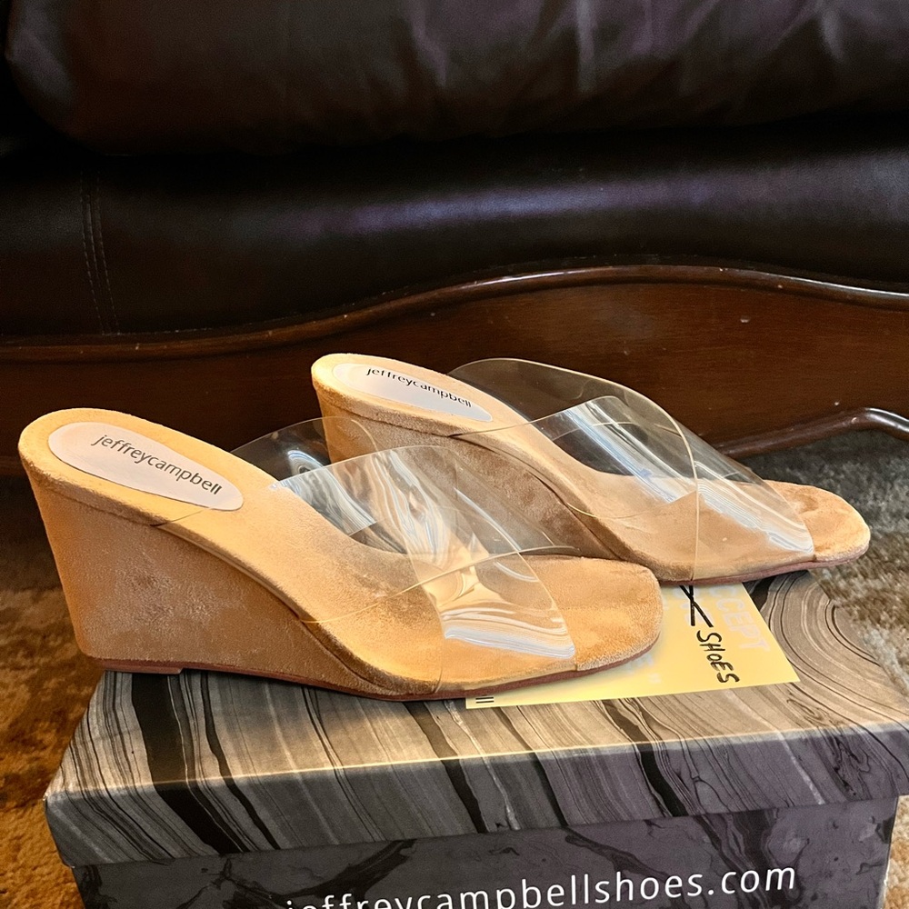 Jeffrey Campbell Clear Strap Tan Suede Wedge Thong Sandal - Picture 3 of 7